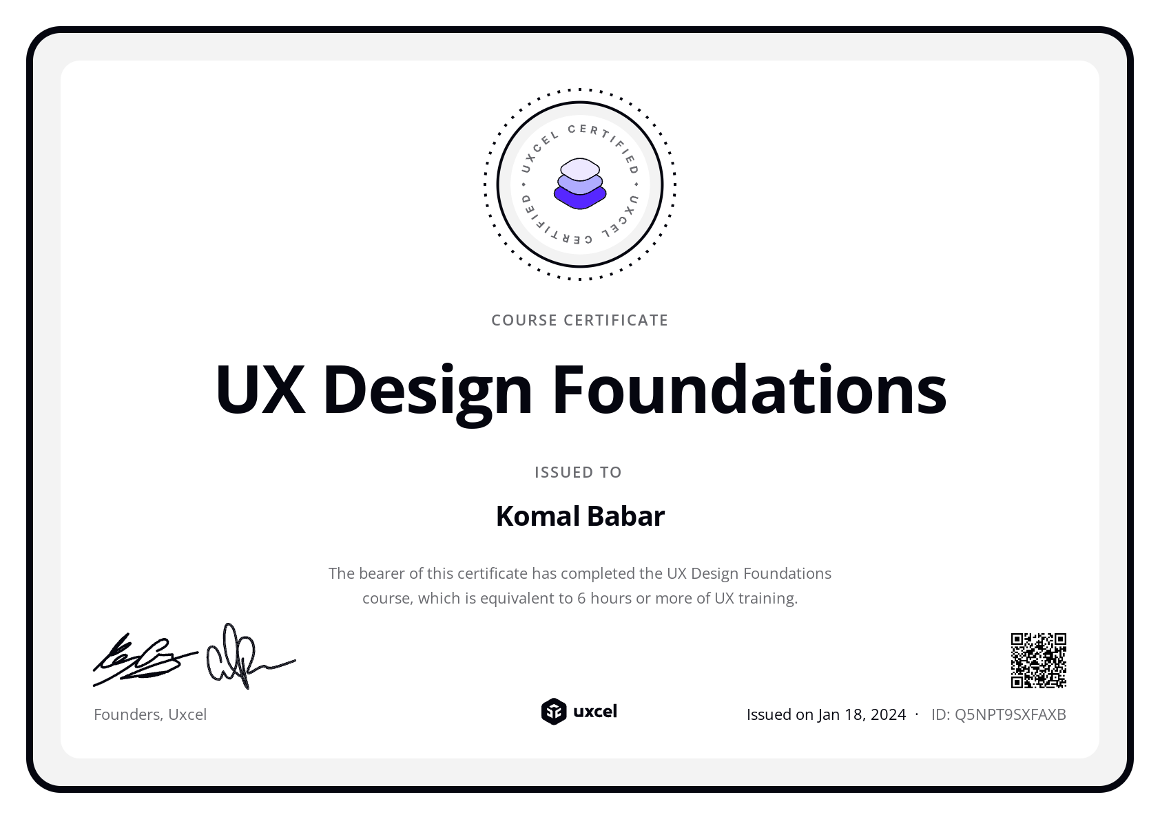 Komal Babar's certificate